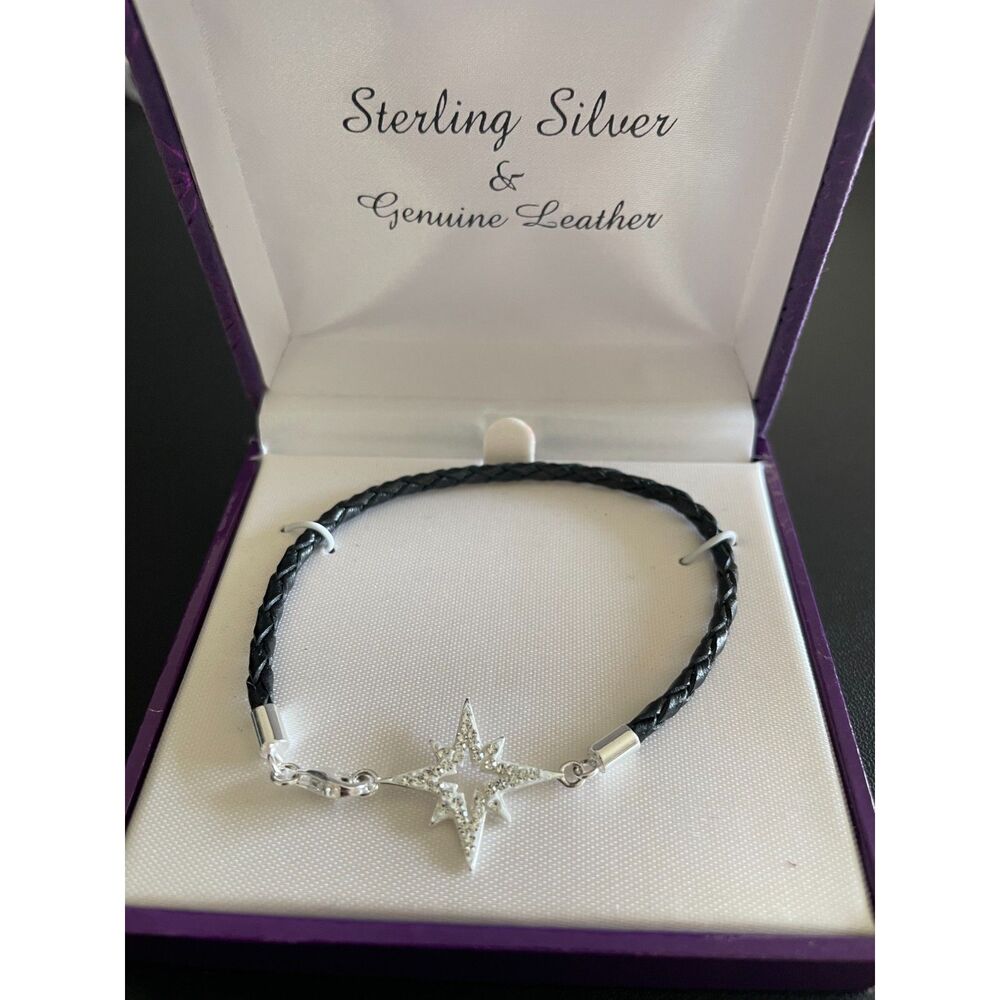 NIB Sterling Silver Crystal Star Black Leather Bracelet Gift Holiday Girl Teen